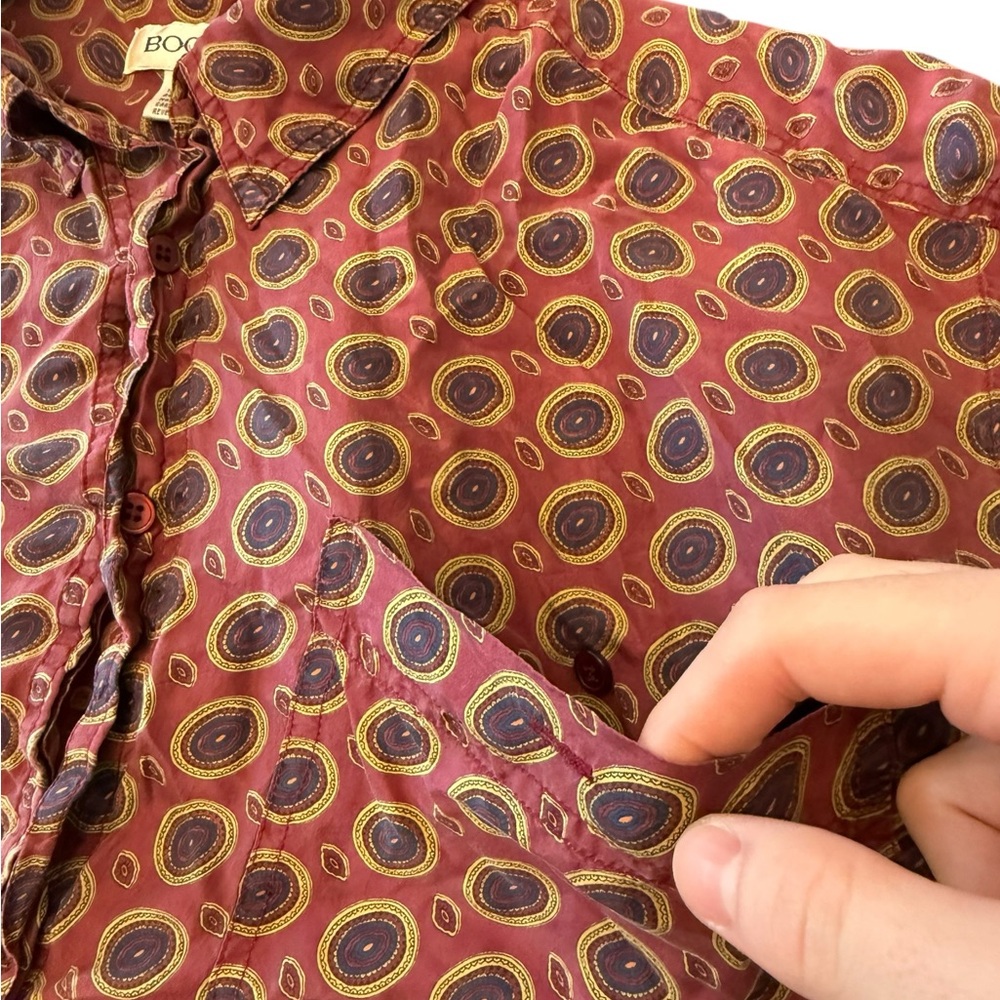 Bogari 100% Silk Long Sleeve Button Down Shirt‎ Men's Large Red Geometric Preppy - Picture 6 of 12